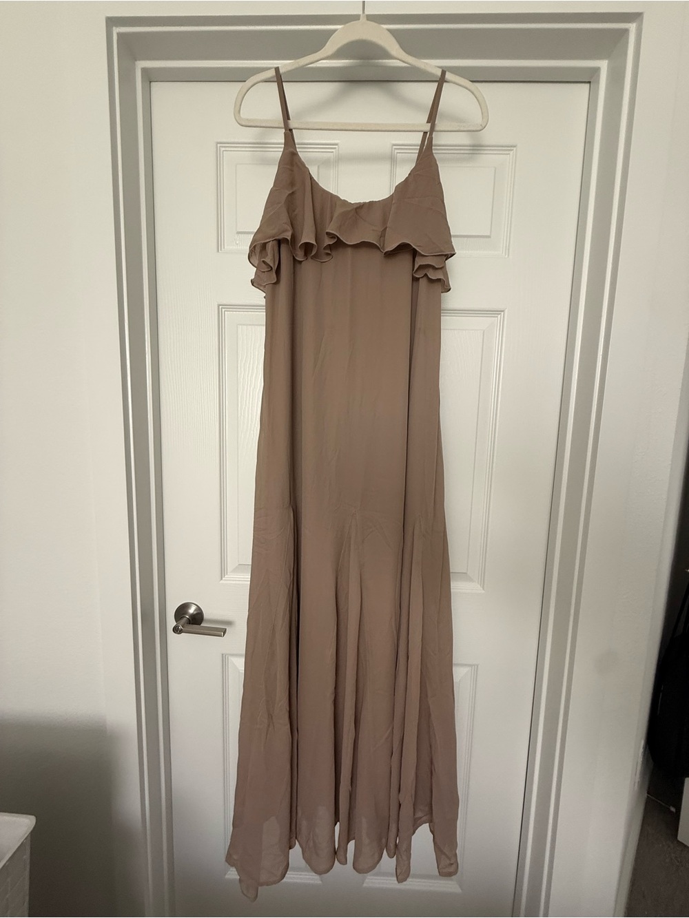 Abercrombie & Fitch Taupe Ruffle-Trim Spaghetti Strap Maxi Dress